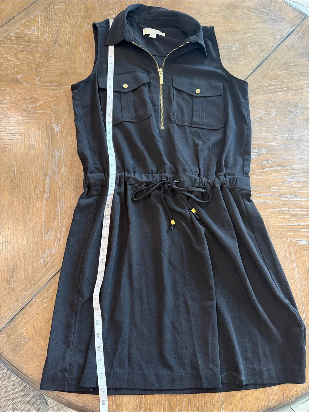 Sleeveless Black Drawstring Shirt Dress with Zip Front